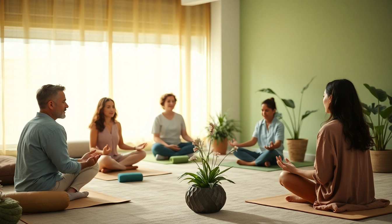 Group therapy session focused on healing trauma, showcasing participants engaged in mindfulness practices in a calming environment.