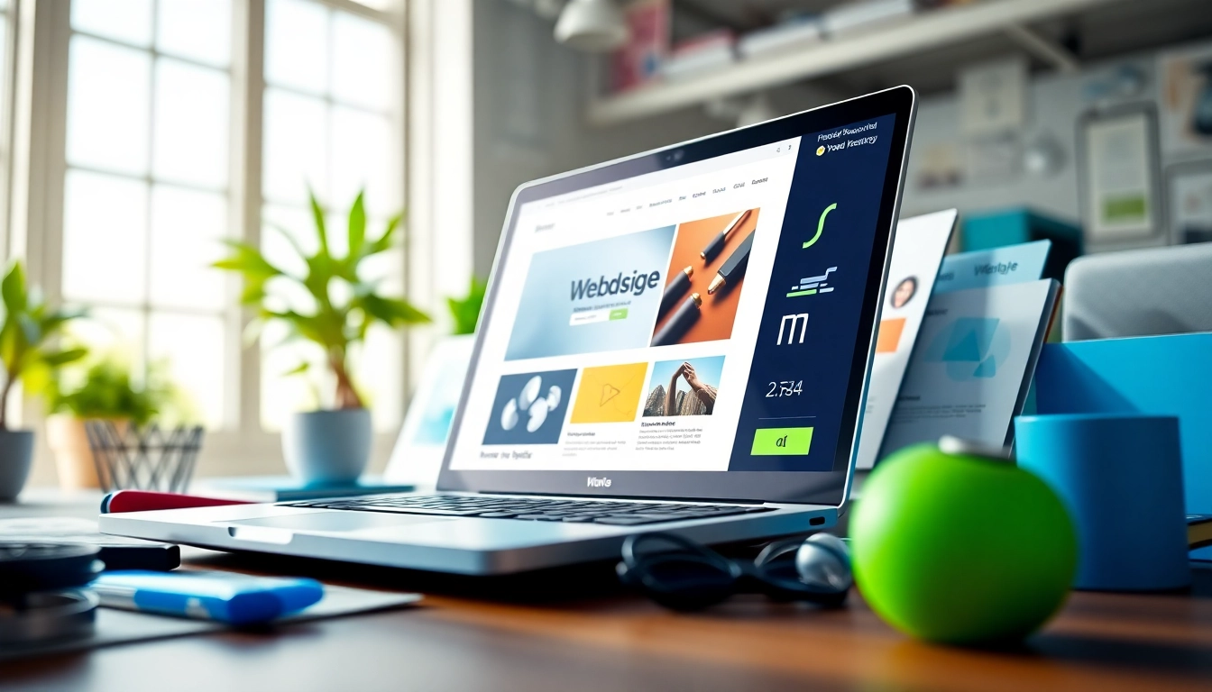 Create an engaging website design in a bright workspace featuring colorful mockups and a laptop.