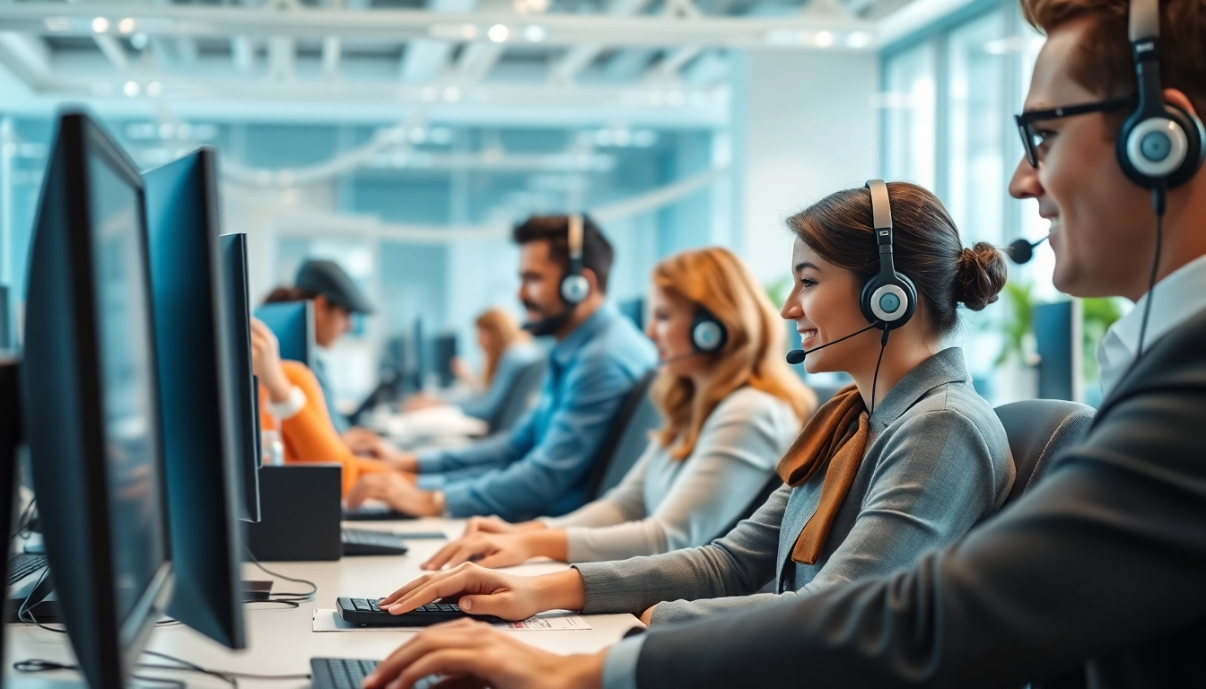 Highlighting Call center services efforts through a diverse team providing customer support in a modern office.