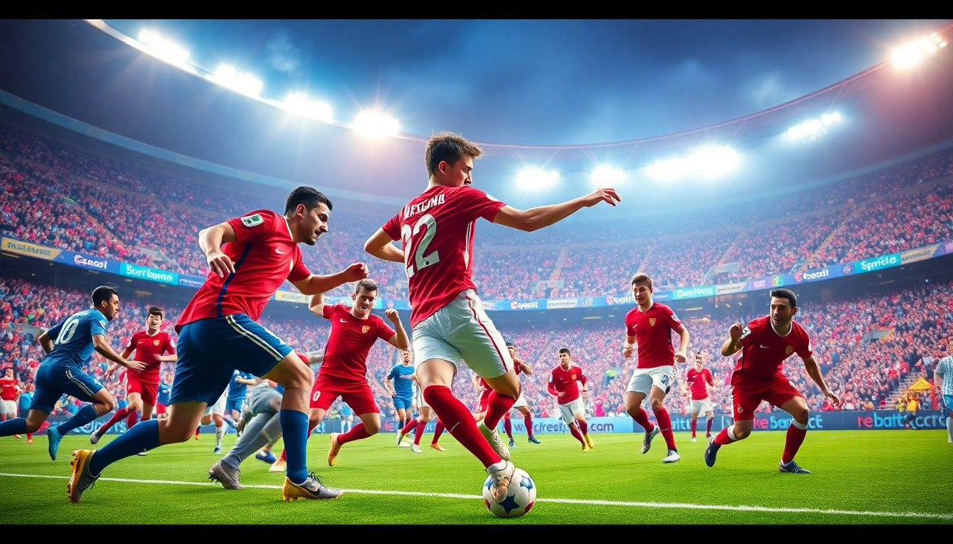 Exciting football scene for situs judi bola enthusiasts playing with friends in a vibrant stadium.