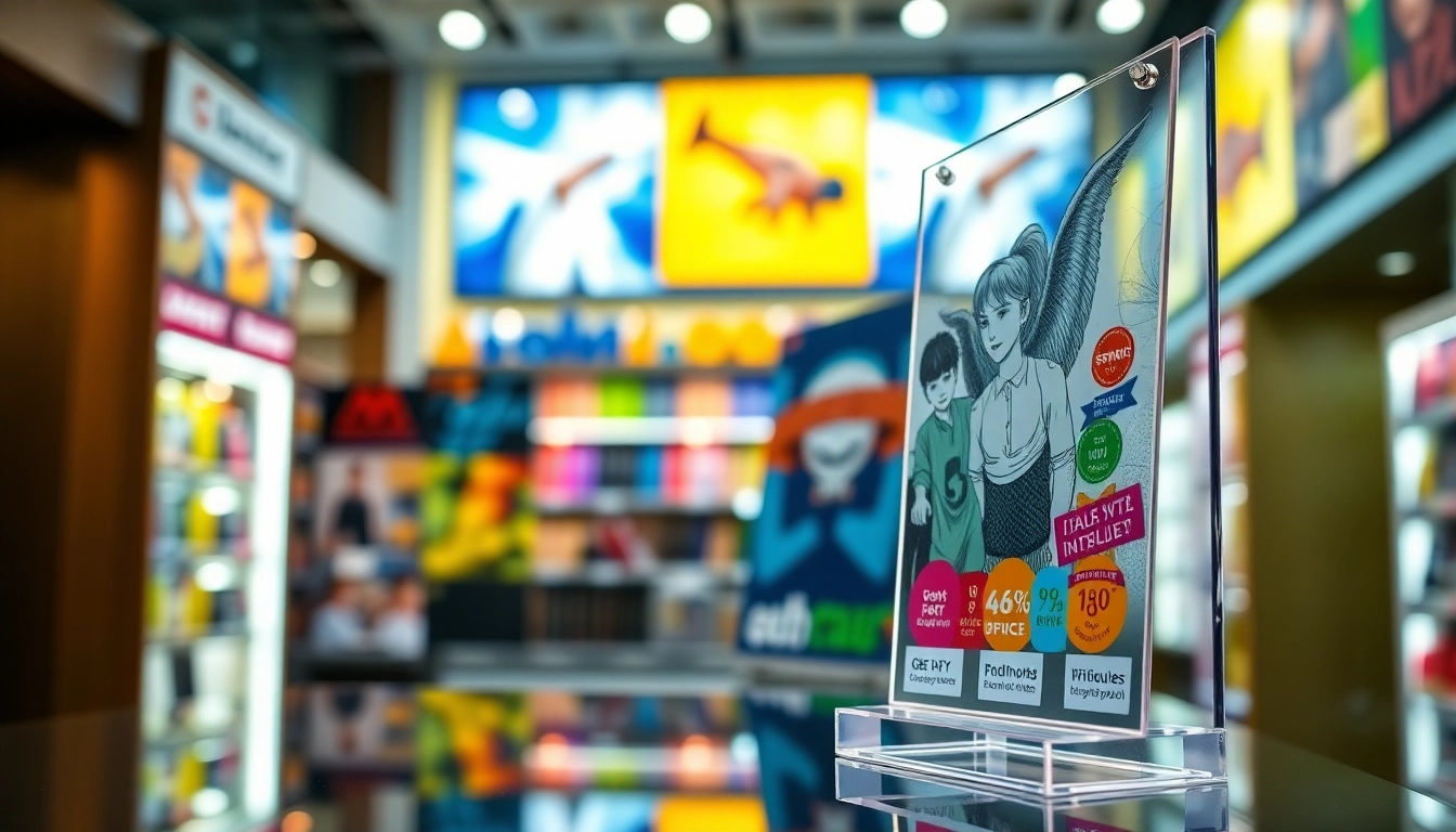 Acrylic standees showcasing custom designs in a vibrant retail display