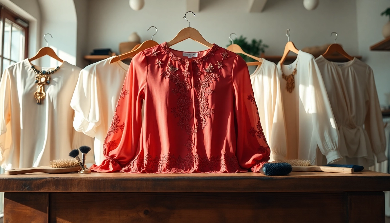 Showcasing elegant blouses with intricate details and luxurious textures on display.