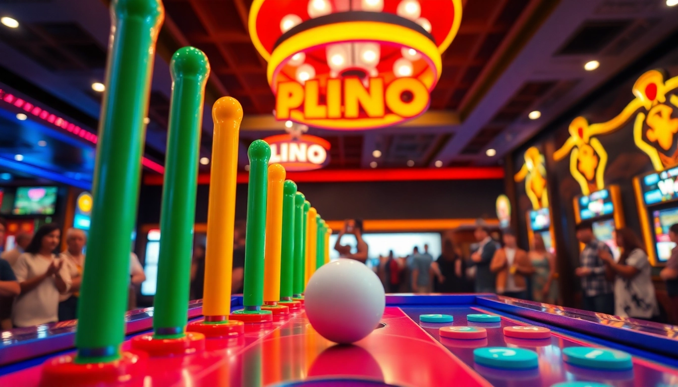 Menggambarkan Plinko Indonesia dalam suasana kasino yang energik saat permainan berlangsung.