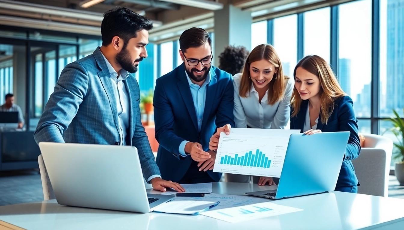 Analyze google ads edmonton performance metrics with a marketing team in a modern office.
