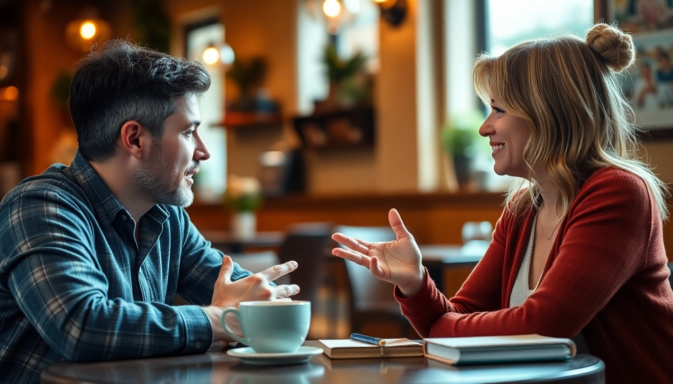 A couple practicing communication in relationships at a cozy café table.