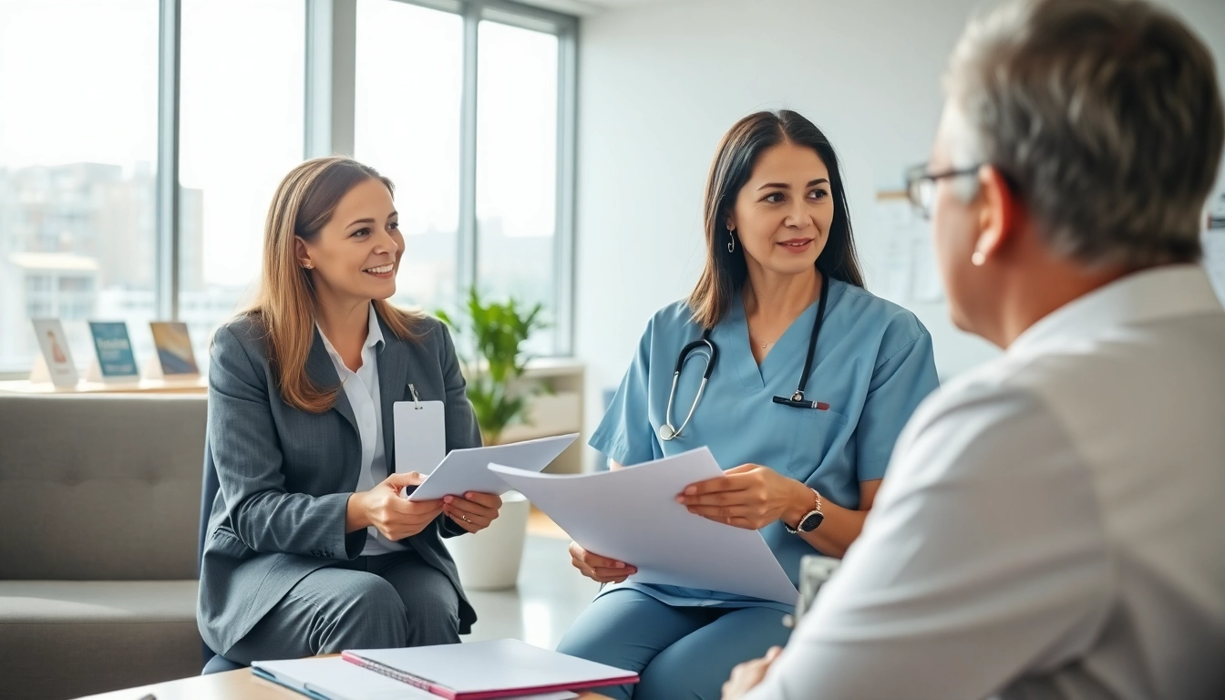 Engaging nurse discussing the VDAP Program with legal expert in a modern office setting.