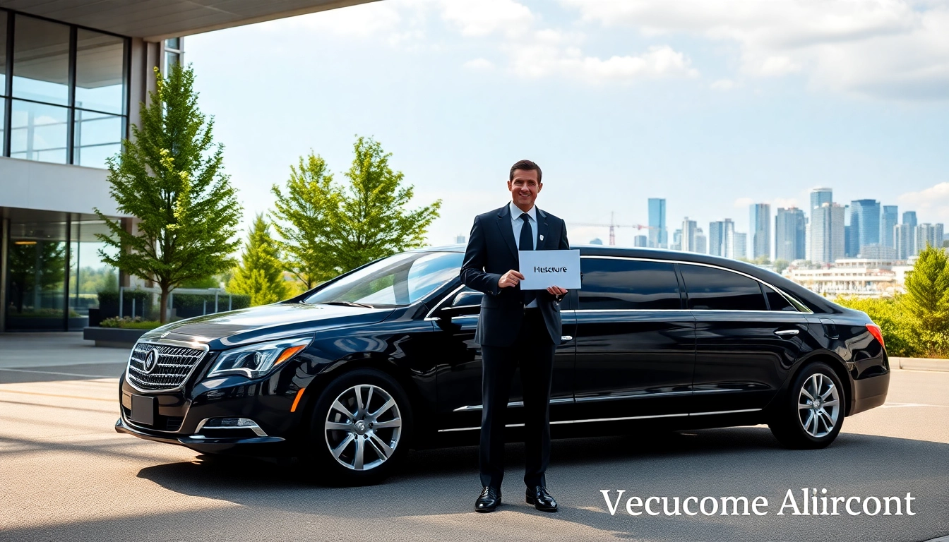Reserve a Vancouver airport to downtown limo with a professional chauffeur next to a luxury vehicle.