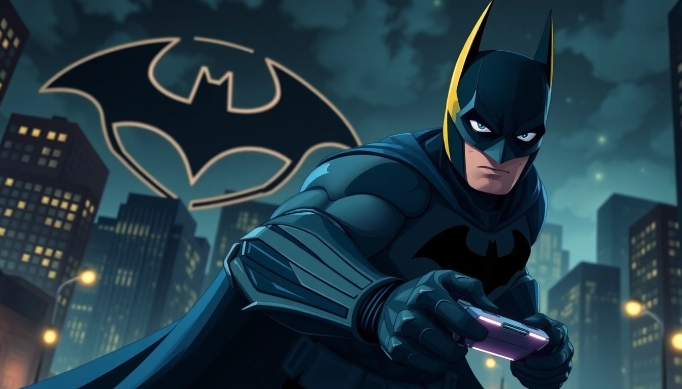 Menangkan game batman138 dengan Batman yang beraksi di Gotham yang penuh cahaya malam.
