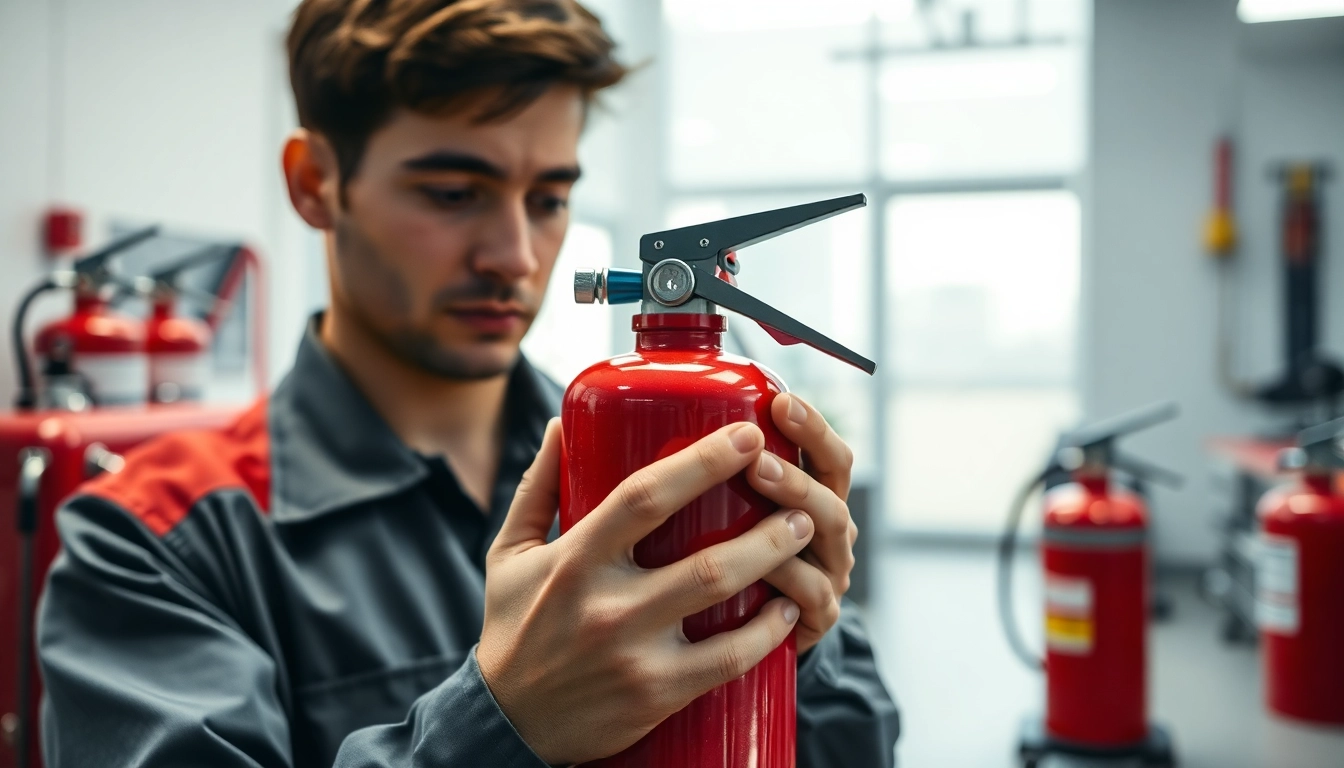 Performing fire extinguisher servicing with thorough inspection in a modern office.