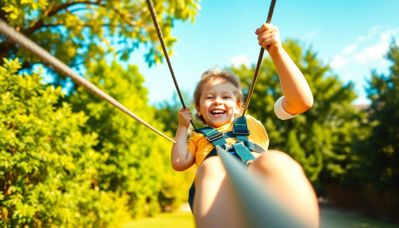 Child enjoying a GARDEN ZIP WIRE KIT in action, highlighting outdoor fun and safety.