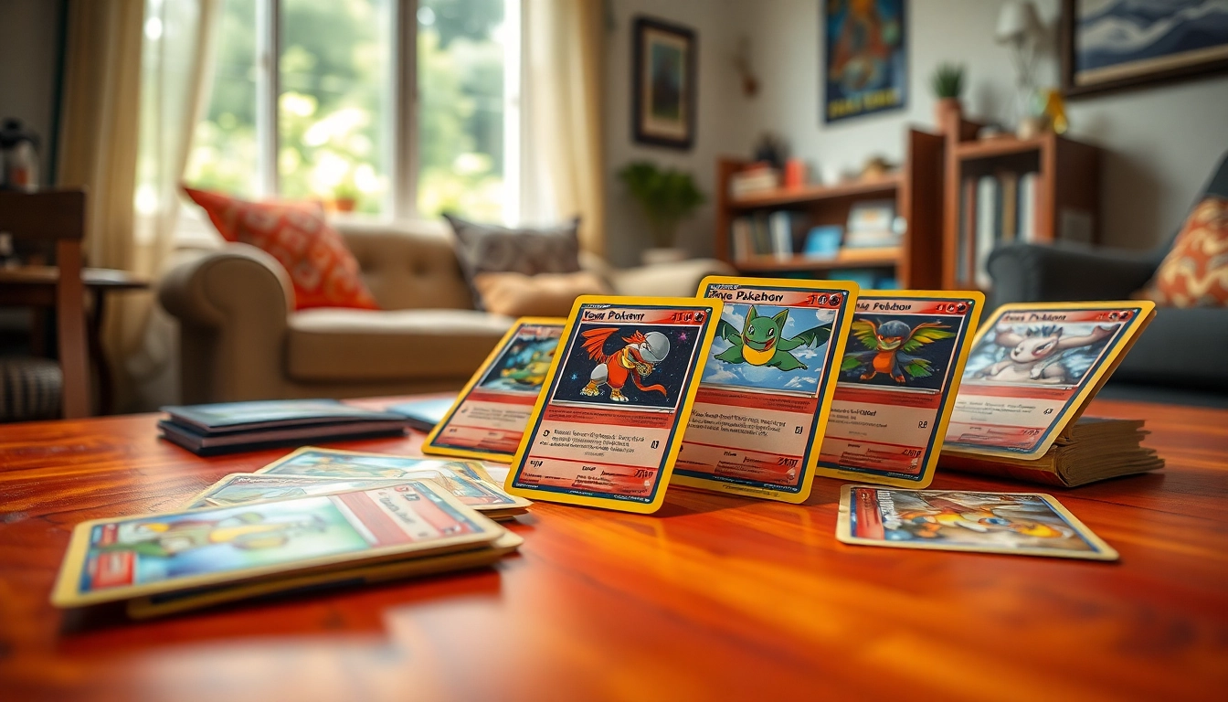 Showcasing real pokemon cards in India, displayed artistically with vibrant colors and booster packs nearby.