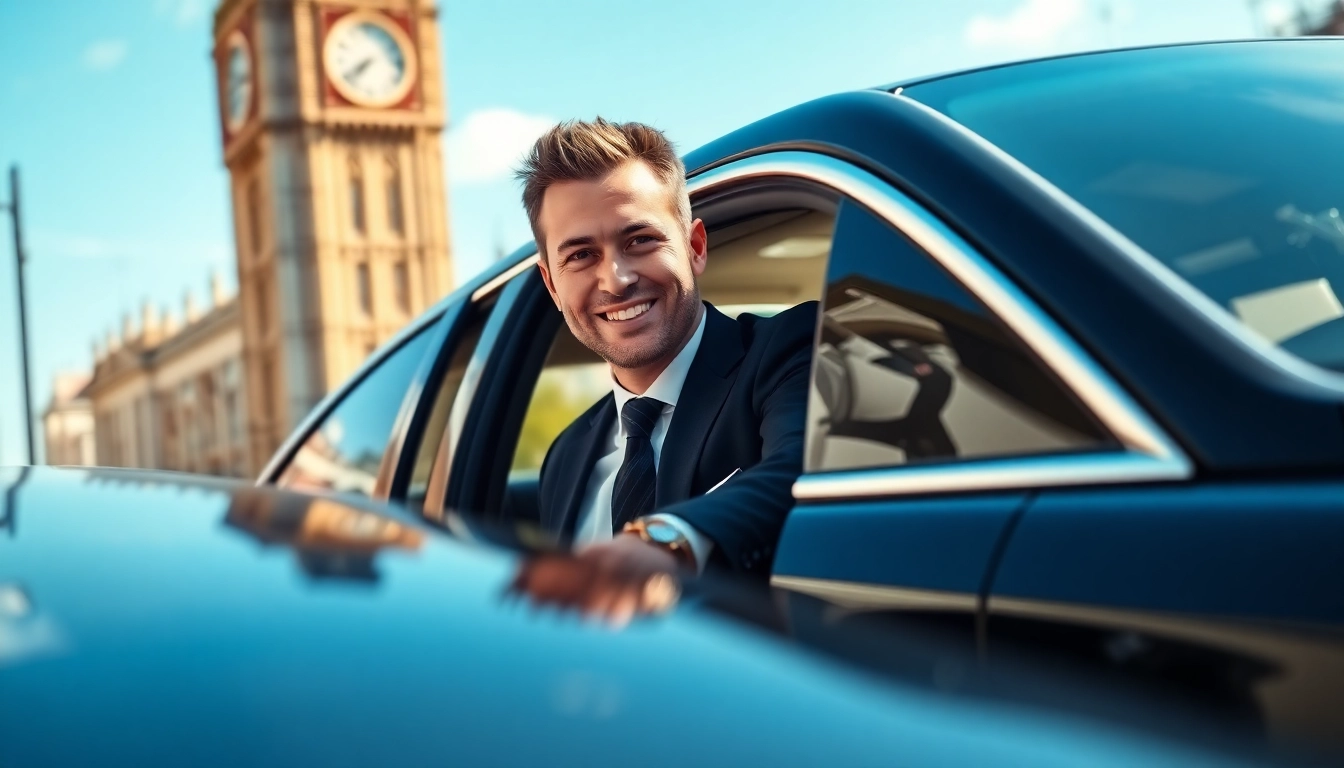 Experience private chauffeur london service with a professional driver and luxury vehicle in a vibrant setting.