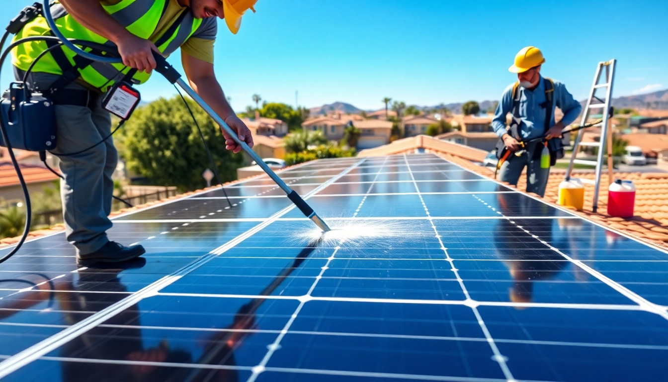 Solar panel cleaning near me Phoenix service showcasing technicians carefully cleaning panels.