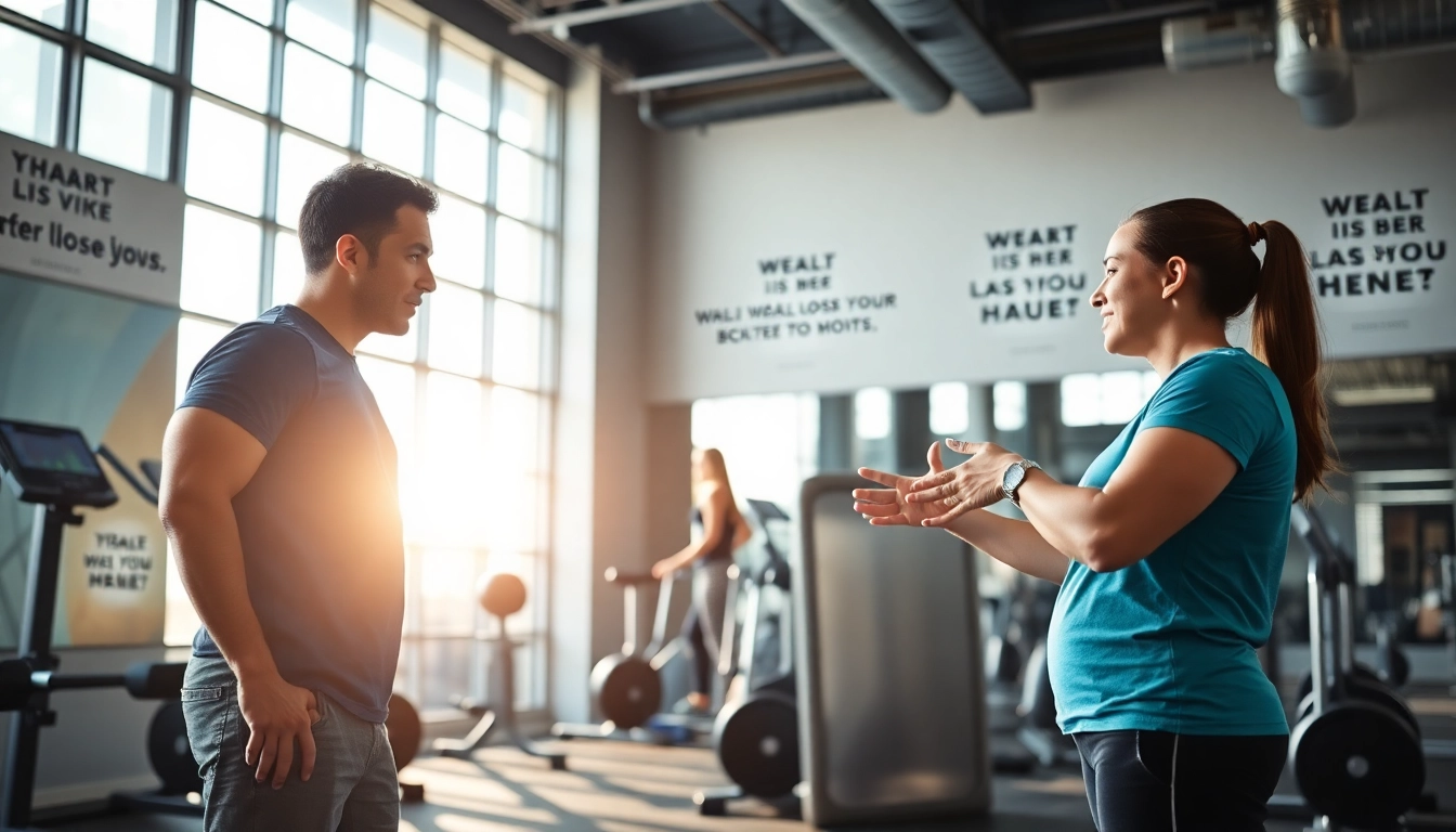 Engaging fitness coach helps a client achieve weight loss goals in a bright gym setting.
