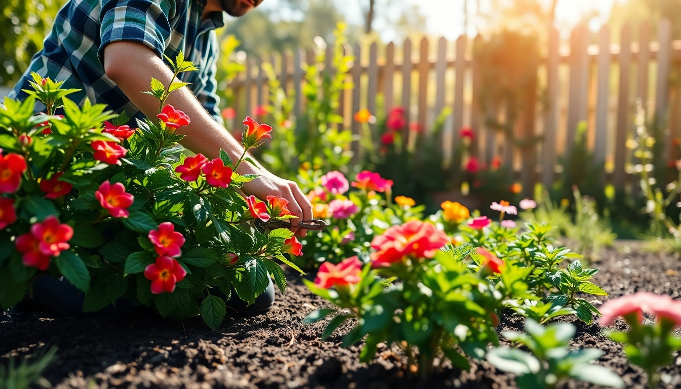 Gartenpflege Gießen durch einen professionellen Gärtner im sonnigen Garten.