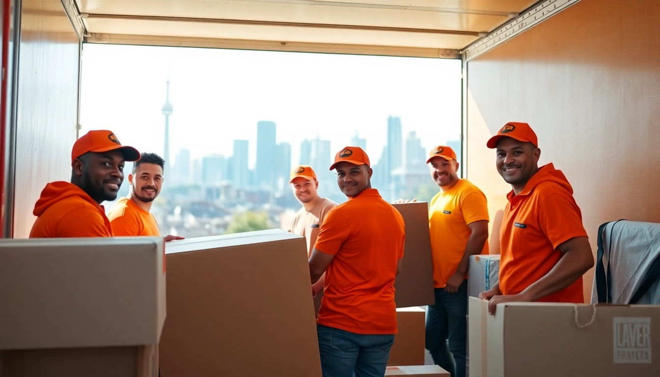 Moving Toronto engaged movers loading boxes into a truck in a bustling urban setting.