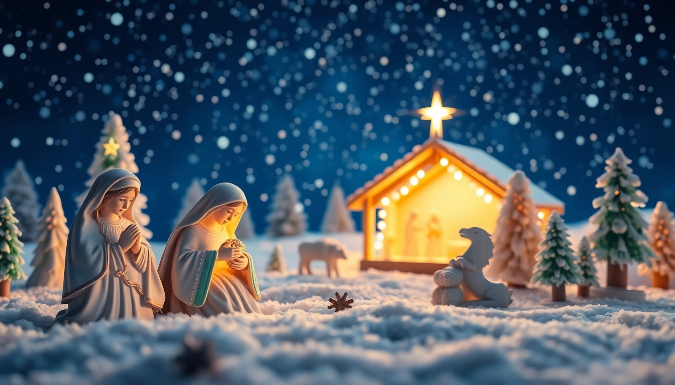 Celebrate the spirit of Christmas with beautifully arranged nativity sets adorning a serene winter landscape.