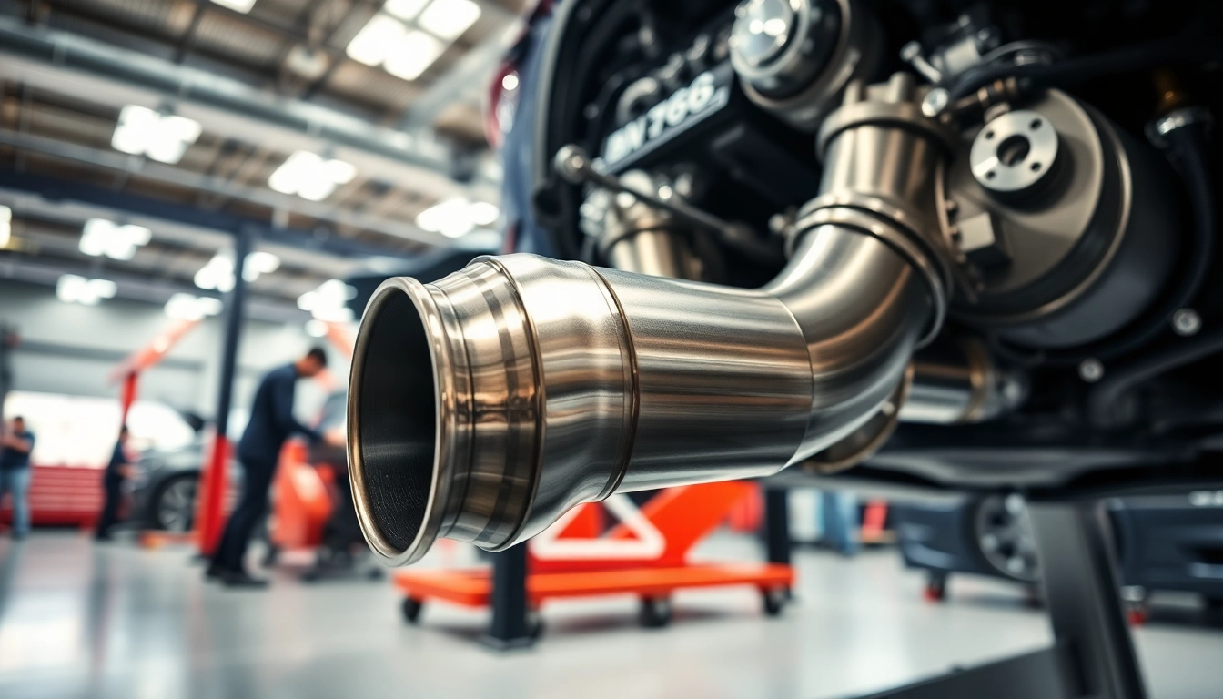Installing b58 downpipes in a professional automotive workshop with precision and expertise.