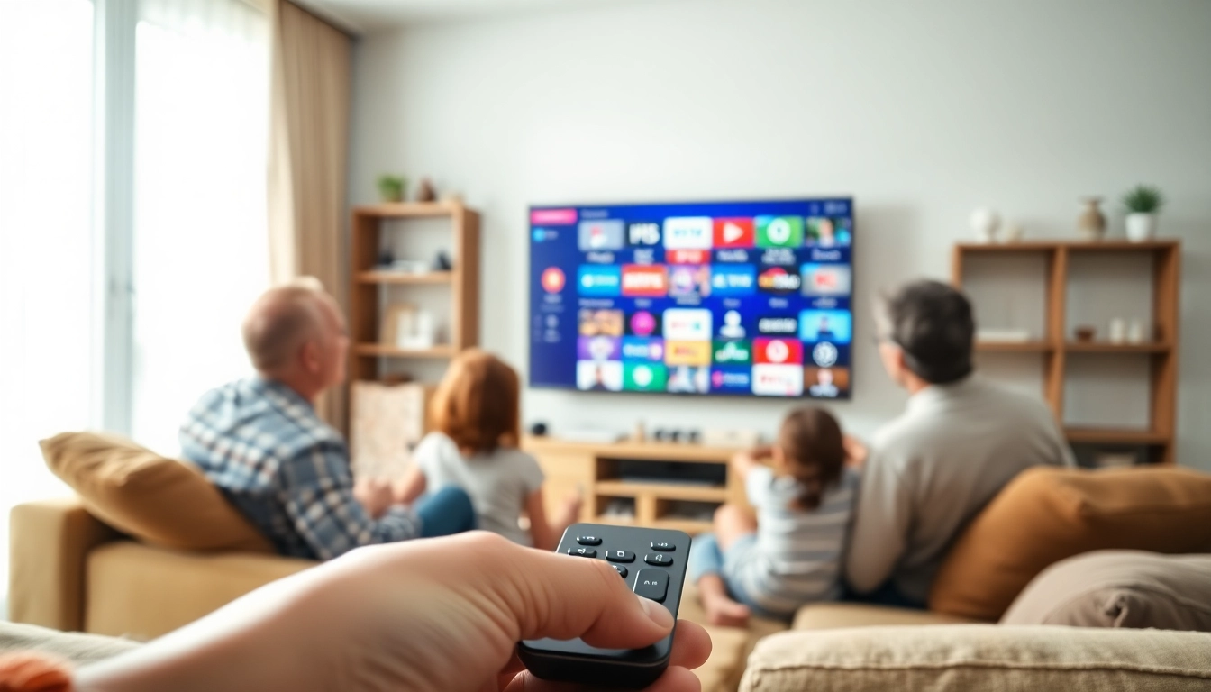 Comprar IPTV en una sala de estar acogedora con familia disfrutando de entretenimiento.