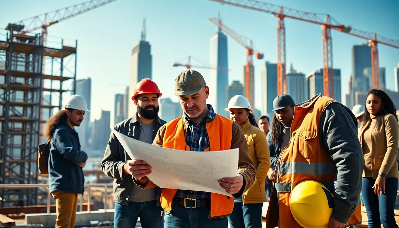 New York City General Contractor leading a diverse team on a bustling construction site.