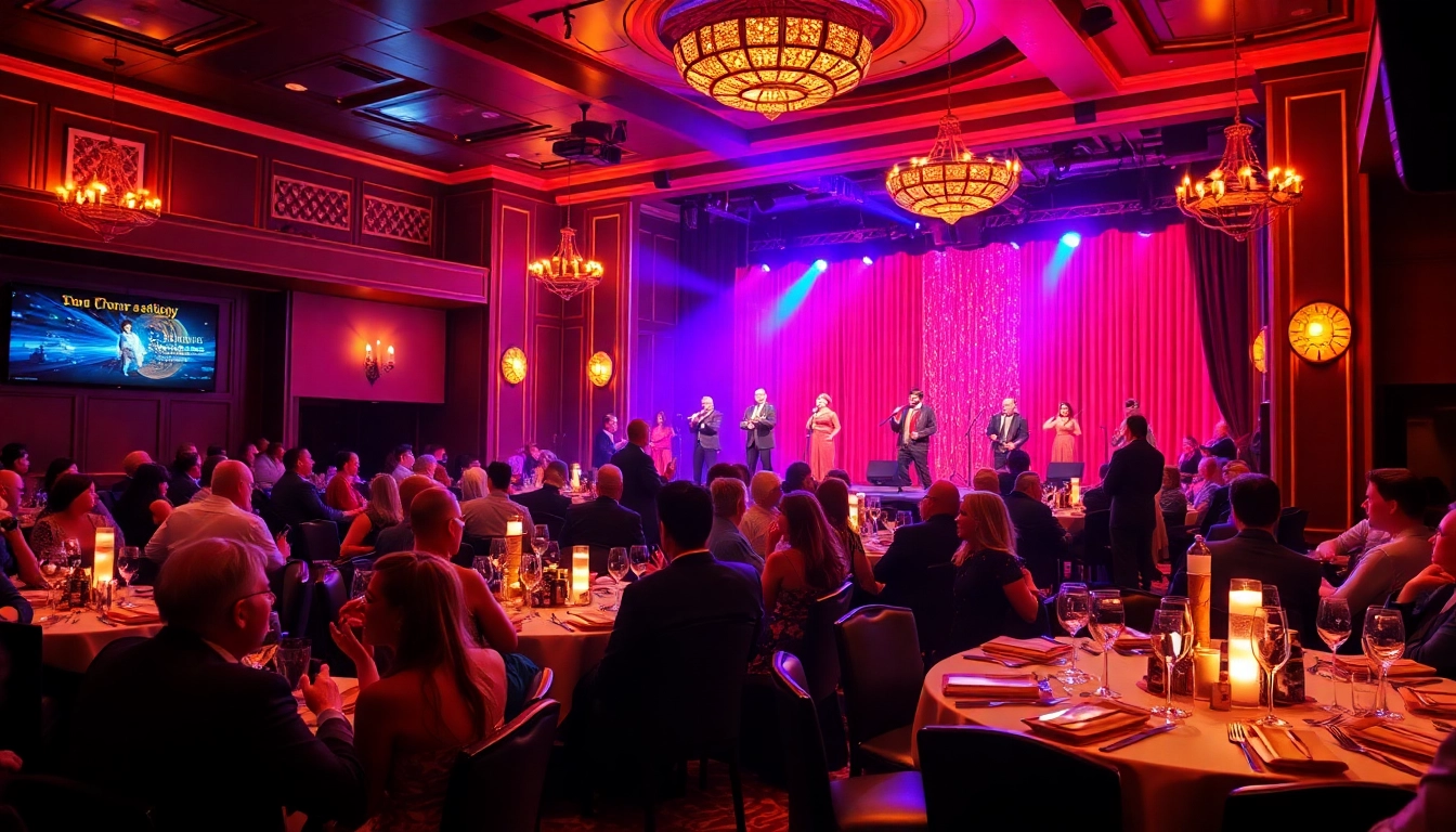 Diners enjoying an engaging performance at a dinner theater las vegas, featuring elegant decor and vibrant atmosphere.