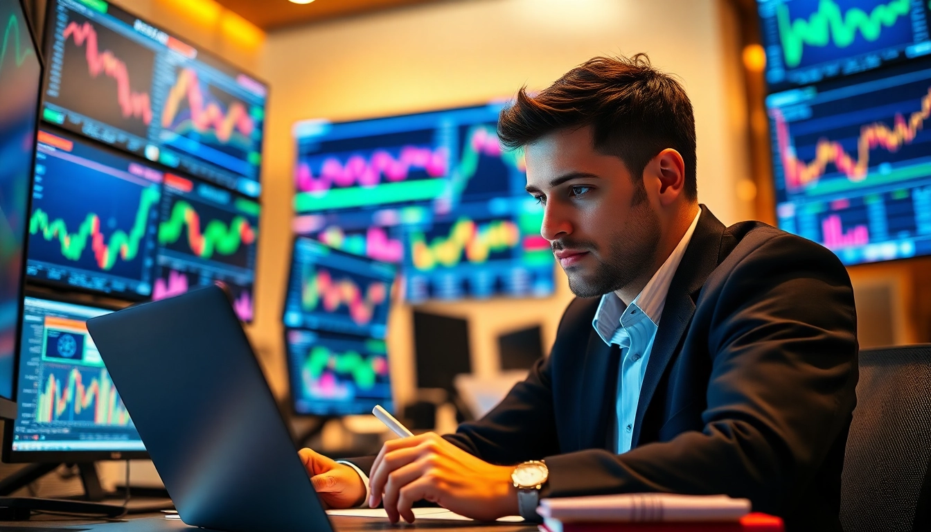 Trader focusing on effective trading strategies while analyzing data in a vibrant office.
