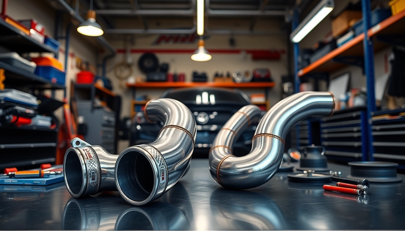 Showcasing B58 downpipes on an automotive workbench with detailed metallic craftsmanship.