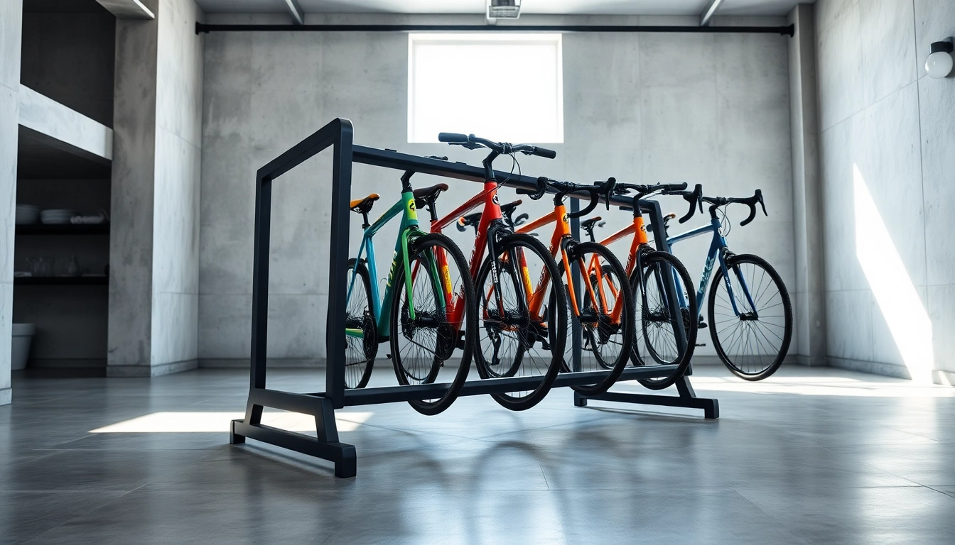 Organized space-saving bike rack with colorful bicycles in a modern garage setting.