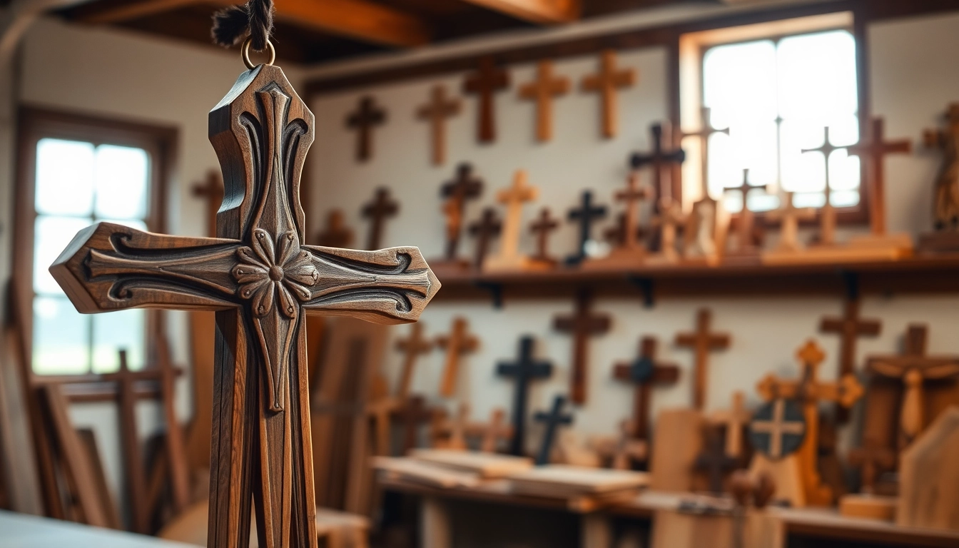 Admiring handmade crosses showcasing unique craftsmanship and warm wooden tones.