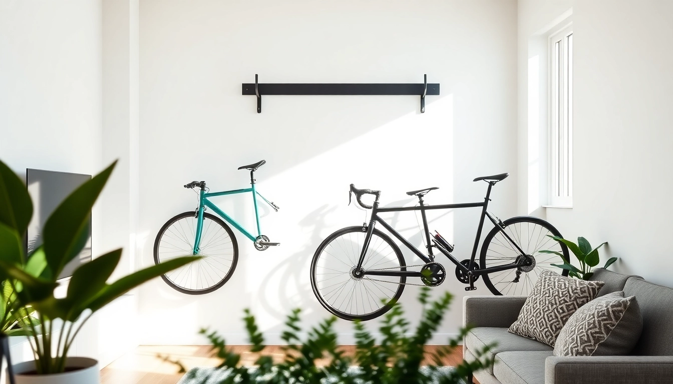 Enhance your apartment bike storage by featuring a stylish wall-mounted rack in a modern setting.