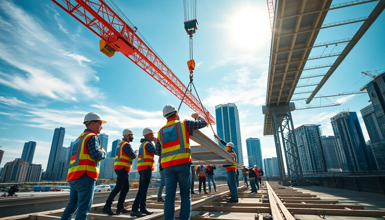 Workers engaged in structural steel installation task with cranes on a construction site.