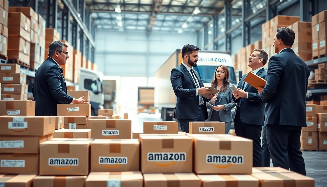 Engaging scene of professionals collaborating on amazon business wholesale strategies in a modern warehouse setting.