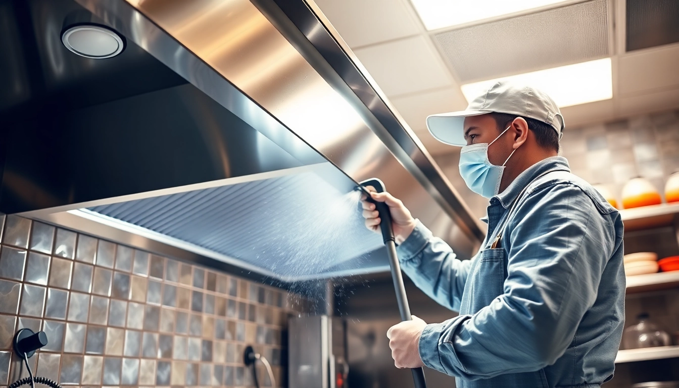 Performing Exhaust Hood Cleaning service in a commercial kitchen to ensure safety and hygiene.