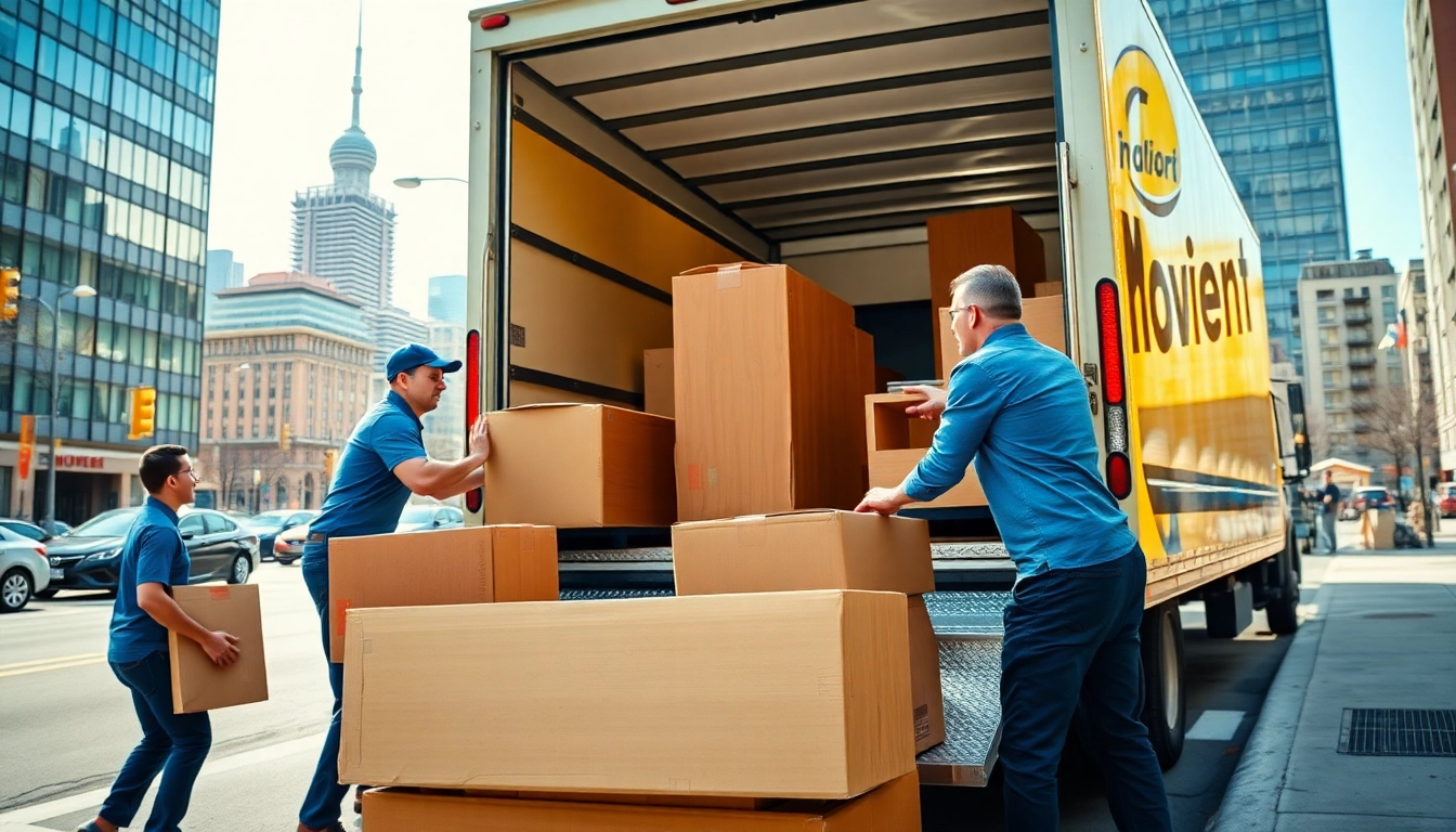 Movers in Toronto efficiently organizing items into a moving truck on a vibrant city street.