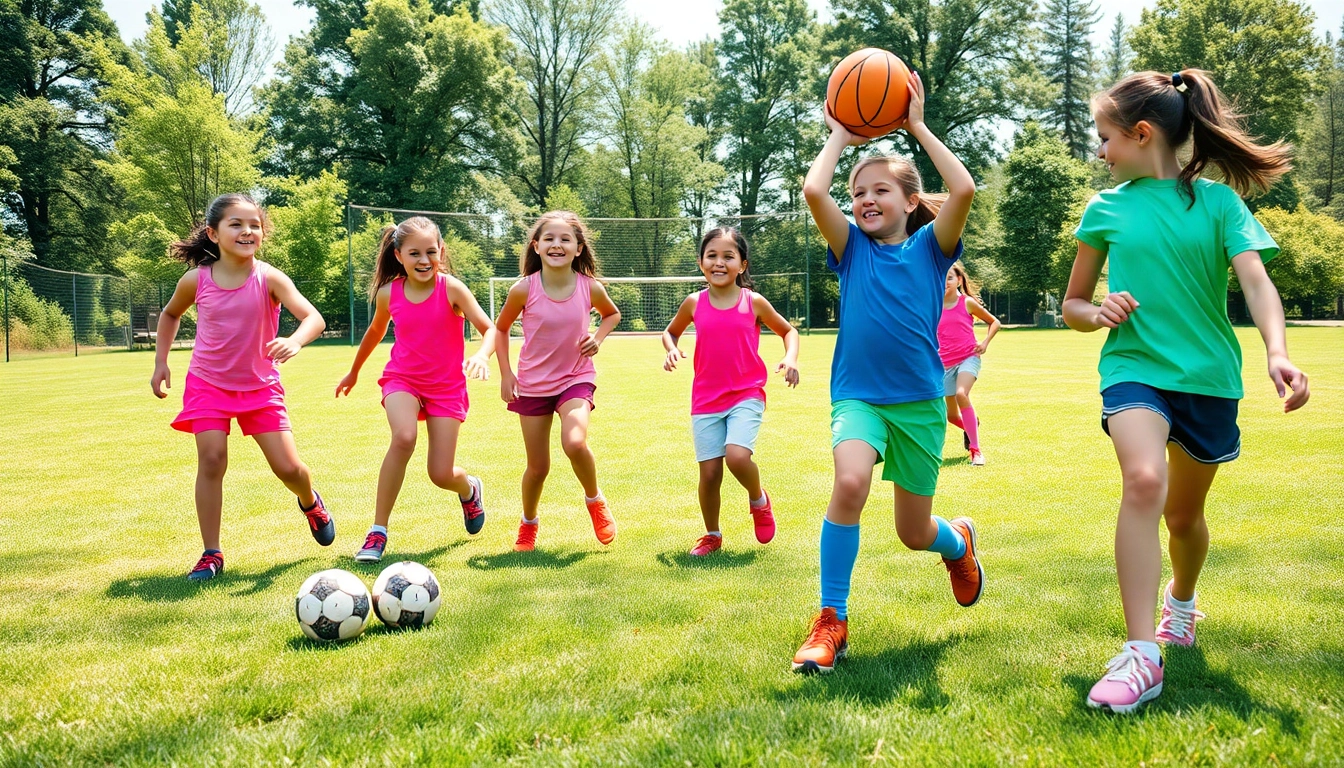 Girls enjoying Multi Sports Camps for Girls with energetic activities at a sunny outdoor setting.