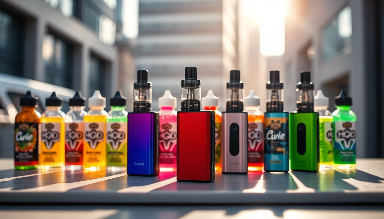 Showcase the HQD Cuvie vapes along with colorful vape juice bottles for an engaging promotion.