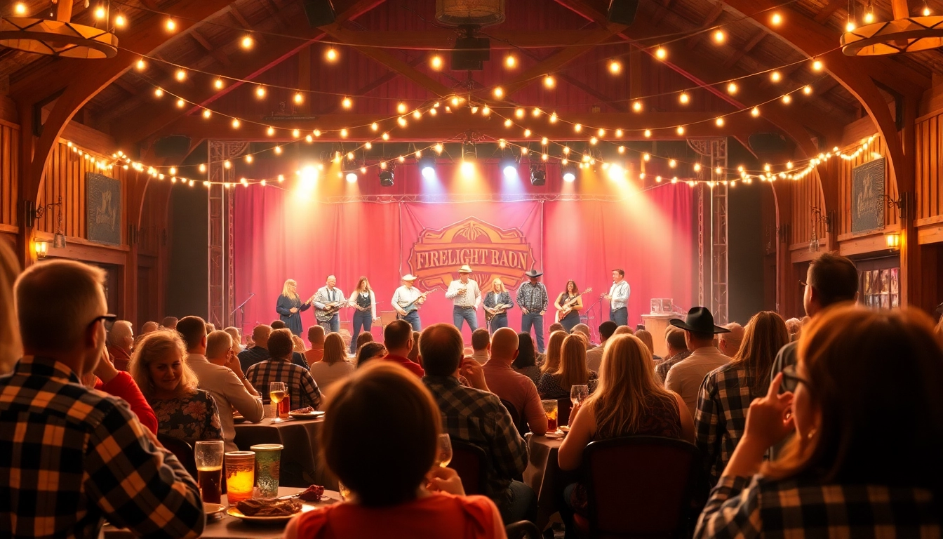 Diners enjoying a lively show at firelight barn dinner theater with family-friendly entertainment and BBQ