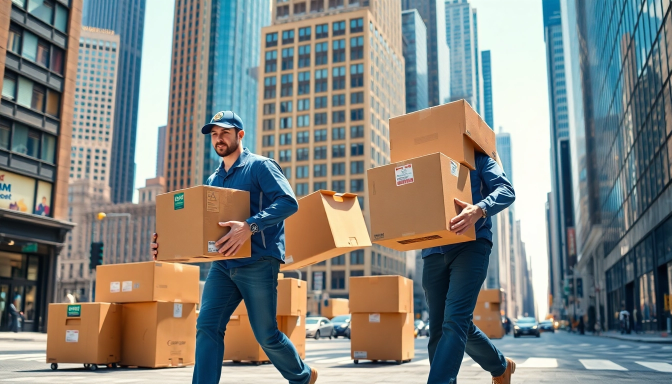 Movers nyc transporting boxes in a bustling New York City setting, showcasing energy and professionalism.