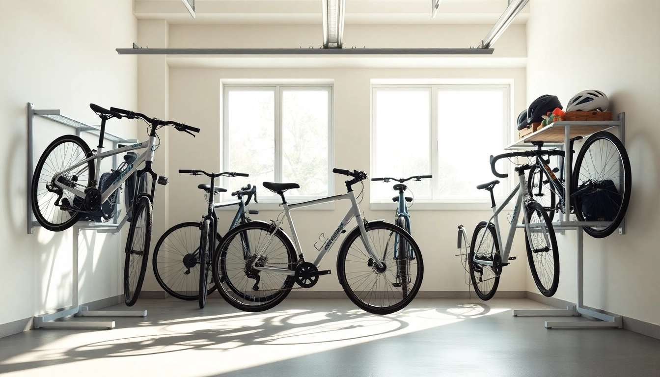 Optimize Compact bike storage with organized, stylish bike racks in a modern garage setting.