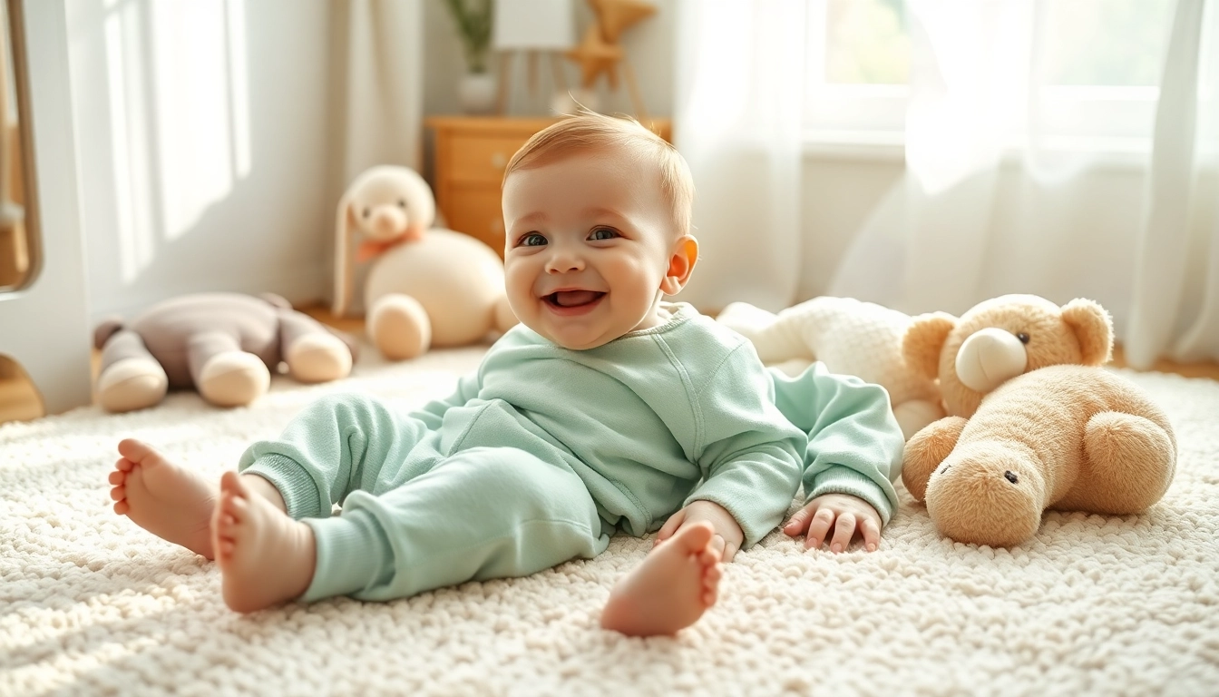 Baby in soft Bamboo baby clothes laying on a cozy rug, surrounded by plush toys in a sunny nursery.